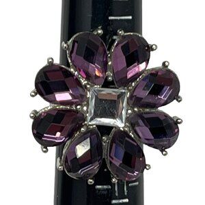 Valeska Statement Ring Daisy Flower Silver Tone Faceted Purple Stones Size 9 3/4